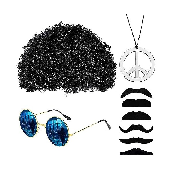 IXYHKB Ensemble de Costume Hippie, 4 Pièces Perruque Afro Funky, Hippie Perruques Costume Accessoires, Hippie Homme Accessoir