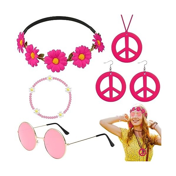 5 Pièces Accessoires Hippie pour femmes, Ensemble de Costume Hippie avce Fleurie Bandeau Lunettes Hippie Boucles doreilles C