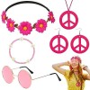 5 Pièces Accessoires Hippie pour femmes, Ensemble de Costume Hippie avce Fleurie Bandeau Lunettes Hippie Boucles doreilles C