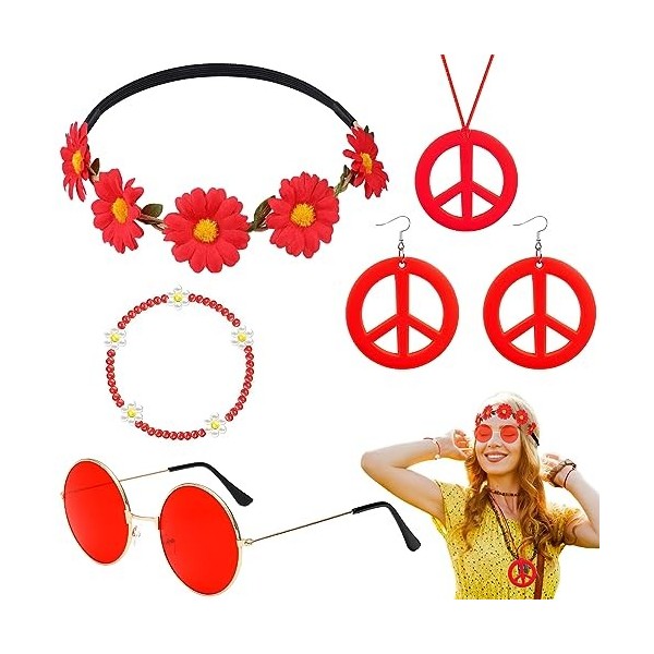 5 Pièces Accessoires Hippie pour femmes, Ensemble de Costume Hippie avce Fleurie Bandeau Lunettes Hippie Boucles doreilles C