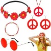 5 Pièces Accessoires Hippie pour femmes, Ensemble de Costume Hippie avce Fleurie Bandeau Lunettes Hippie Boucles doreilles C