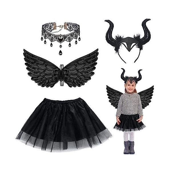 Runup 4 pièces enfants costume de diable ensemble, costume de carnaval comprend la reine cornes bandeau, ailes dange noir, j