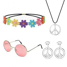 VIKSAUN 5 Pièces Ensemble de Costume Hippie, Hippie de Disco Accessoires Hippie 60s, Set de Costume Hippie pour Femmes Access