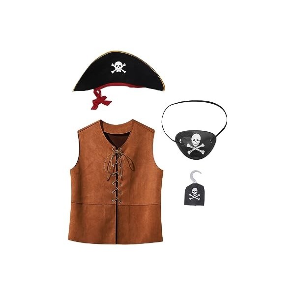 Jowowha Enfant Déguisement Pirate pour Garçon Fille Cosplay Costume Halloween Carnaval Vintage Gilet Chapeau Cache-oeil Croch