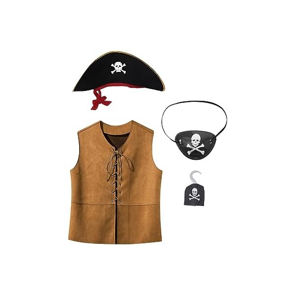 Jowowha Enfant Déguisement Pirate pour Garçon Fille Cosplay Costume Halloween Carnaval Vintage Gilet Chapeau Cache-oeil Croch