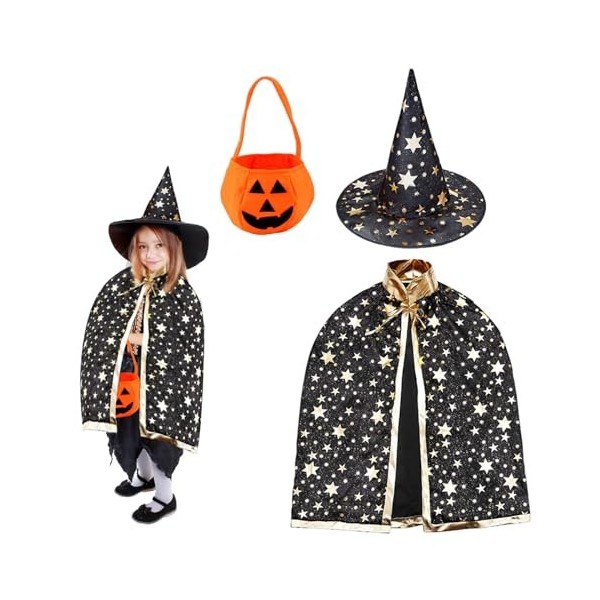 LUISAS déguisement dhalloween pour enfants, Cape de sorcière sorcier tenue enfant Halloween avec chapeau + Sac citrouille d