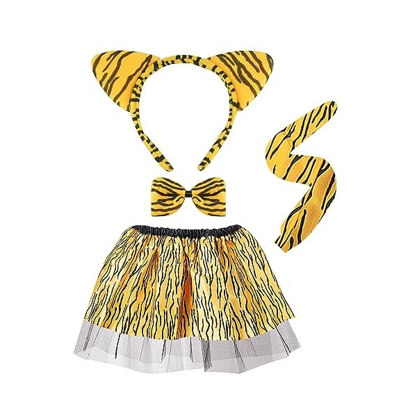MIVAIUN 4 Pièces Costume de Tigre Déguisement Animal Fantaisie Costume avec Tigre Oreilles Bandeau Nœud papillon Queue danim