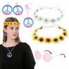 DKDDSSS Lot de 5 Costume Hippie, Accessoires de Costume Années 60 et 70, Vintage Lunettes, Bandeau de Tournesol, Collier de S