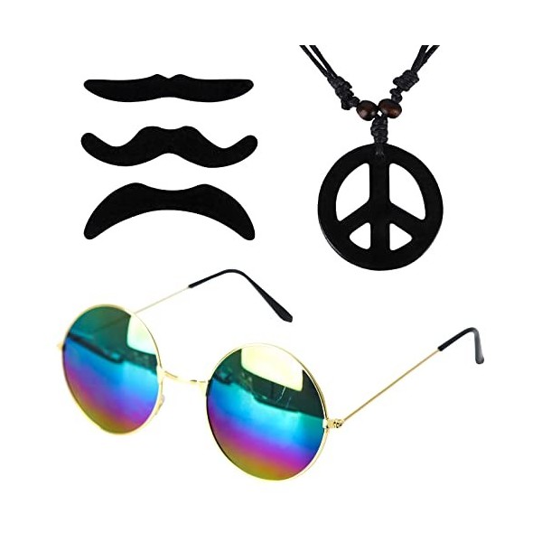 3 Pièces Ensemble De Costume Hippie Accessoire Hippie Femme Homme Moustache Hippie Collier Hippie Signe De La Paix Collier Lu