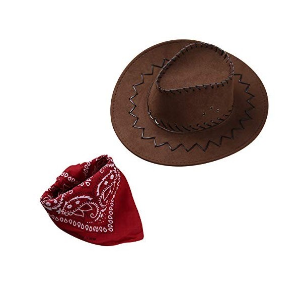 renvena Fille Garcon Cowboy Cap Chapeaux avec Bandana Deguisement Carnaval Fantaisie Danse Accessoires Cordelette Echarpe Hip