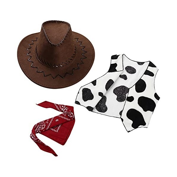 renvena Fille Garcon Cowboy Cap Chapeaux avec Bandana Deguisement Carnaval Fantaisie Danse Accessoires Cordelette Echarpe Hip