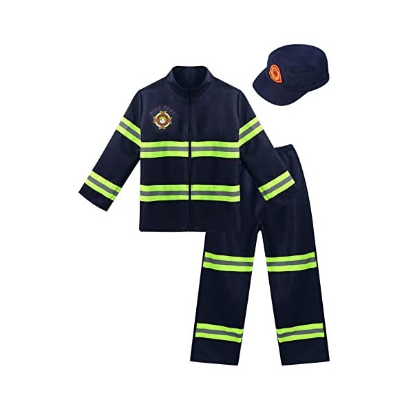 dPois Costume Pompier Garçon Fille Uniforme de Pompier Chef Veste Manches Longues Pantalon avec Chapeau Casque Déguisement Co