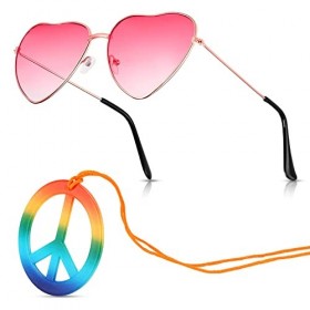 BBTO 2 Pièces Ensemble dAccessoires de Costume Hippie, Lunettes Rétro Collier Signe de Paix Hippie Arc-en-Ciel Lunettes de S
