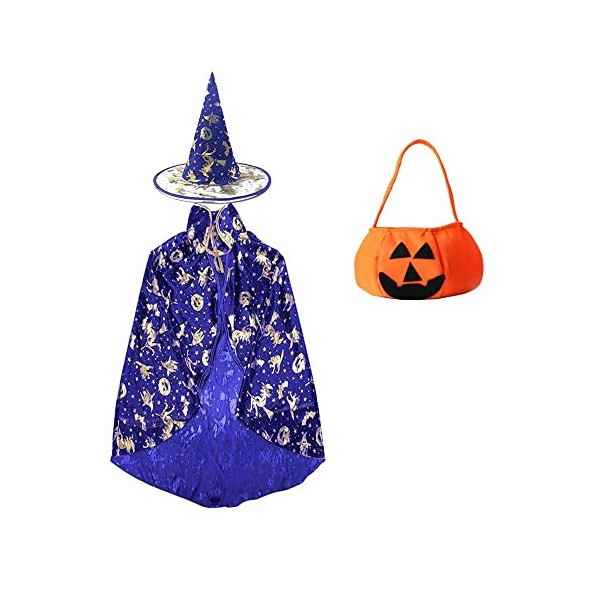 Cape du Magicien dHalloween, Cape de Sorcier Chapeau de Cape de Sorcière, Sac de Bonbons Citrouille, Ensemble daccessoires 