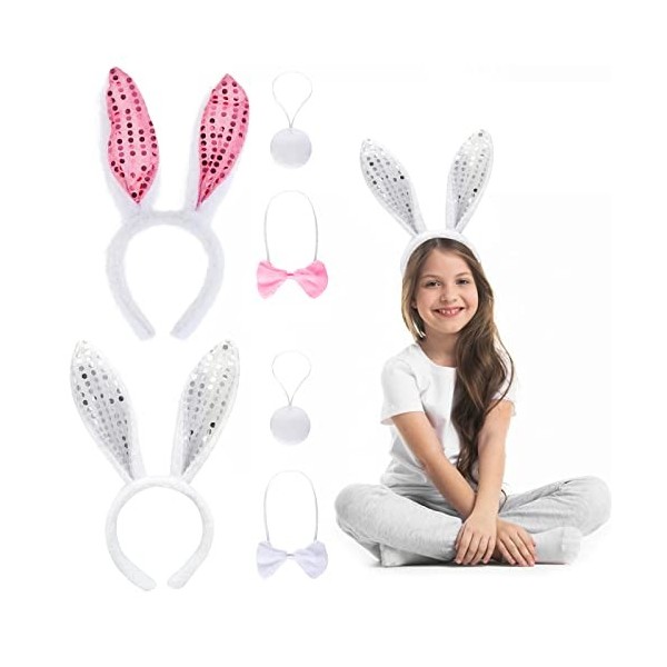 6 pièces Deguisement Lapin Oreilles de Lapin Bandeau Pattes Queue NœUd Papillon et Queue Accessoires de Coiffure Deguisement 