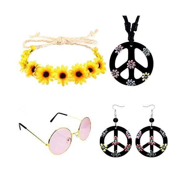 Costume Hippie pour femme et homme 4 pièces accessoires de costume rétro style années 60 et 70 collier et boucles doreilles 