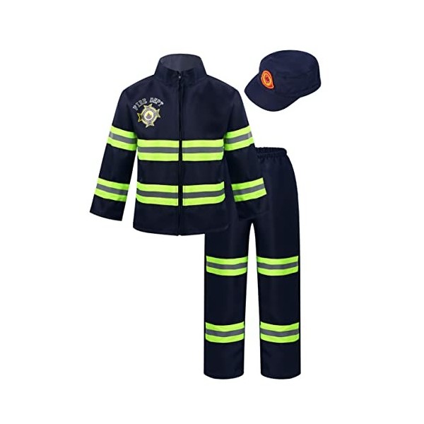 Oyolan Déguisement Pompier Enfant Garçon Costume Haut + Pantalon + Chapeau Ensemble Tenue Carnaval Halloween Fête Jeu de Rôle