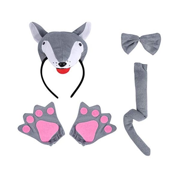 Amosfun Costume de Loup pour Enfants - Mignon - Bandeau - nœud Papillon - Queue - Gants - Accessoires de Performance - Costum