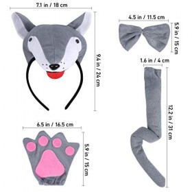 Amosfun Costume de Loup pour Enfants - Mignon - Bandeau - nœud Papillon - Queue - Gants - Accessoires de Performance - Costum