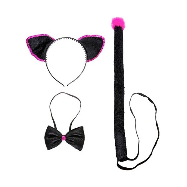 NET TOYS Chat Set de Déguisement de Chat Queue Oreilles et NUD Papillon Rose Noir Panoplie de Chat Déguisement Chat Ensemble