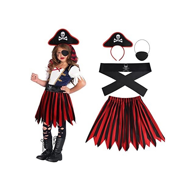 Aomig Costume de pirate pour Fille avec cache-œil de pirate Chapeau bandana jupe Rouge, Pirate Déguisement Accessoires pour H