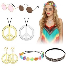 VEGCOO 8 Pièces Déguisements Hippie Femme, Années 70 80 Accessoires Hippie pour Soirée Maquillage Soirée Musicale A 