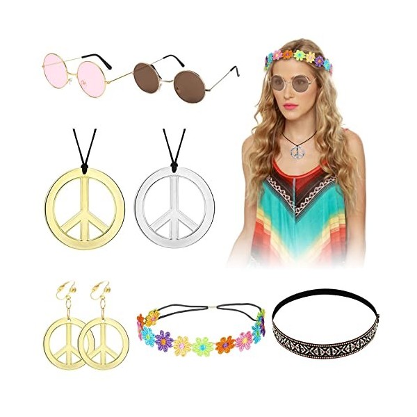 VEGCOO 8 Pièces Déguisements Hippie Femme, Années 70 80 Accessoires Hippie pour Soirée Maquillage Soirée Musicale A 