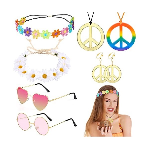 VEGCOO 8 Pièces Déguisements Hippie Femme, Années 70 80 Accessoires Hippie pour Soirée Maquillage Soirée Musicale A 