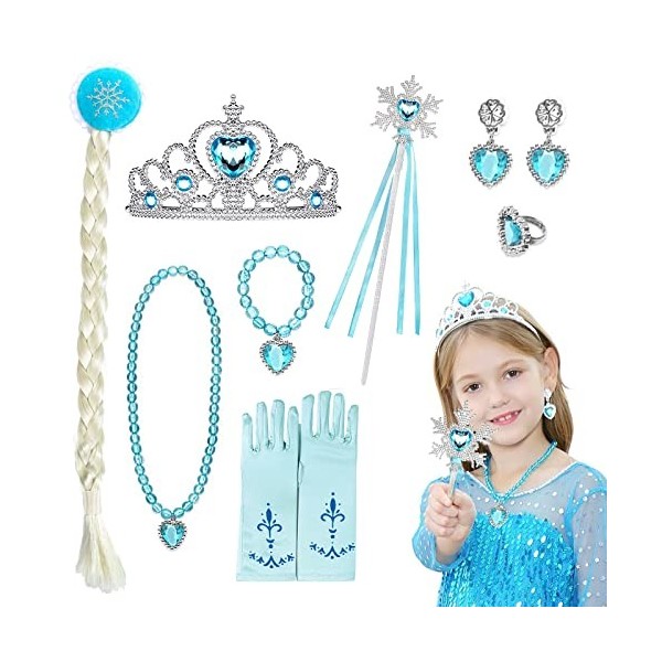 Princesse Accessoires Filles，Déguisement Princesse Fille avec Baguette Magique, Gants, Couronne,Collier,Bracelet, Bague,Boucl