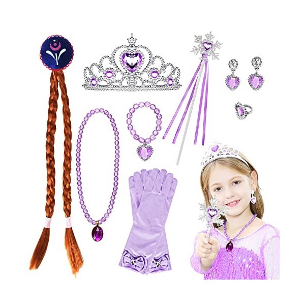 Princesse Accessoires Filles，Déguisement Princesse Fille avec Baguette Magique, Gants, Couronne,Collier,Bracelet, Bague,Boucl