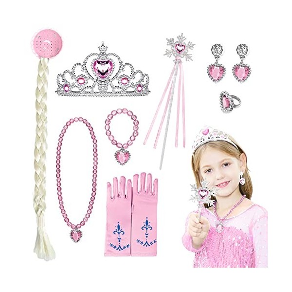 Princesse Accessoires Filles，Déguisement Princesse Fille avec Baguette Magique, Gants, Couronne,Collier,Bracelet, Bague,Boucl