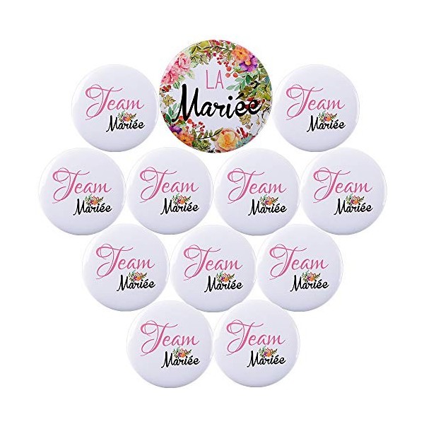 Kit de Accessoire de Mariage 1pcs Badge “La mariée” + 11pcs Badges d’Amis “Team mariée” en Plastique et Fer Bridal de Mariée 