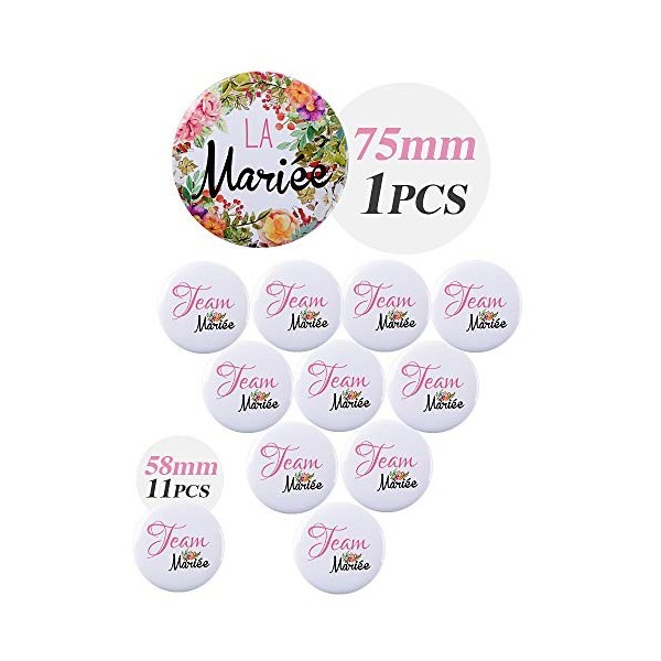 Kit de Accessoire de Mariage 1pcs Badge “La mariée” + 11pcs Badges d’Amis “Team mariée” en Plastique et Fer Bridal de Mariée 