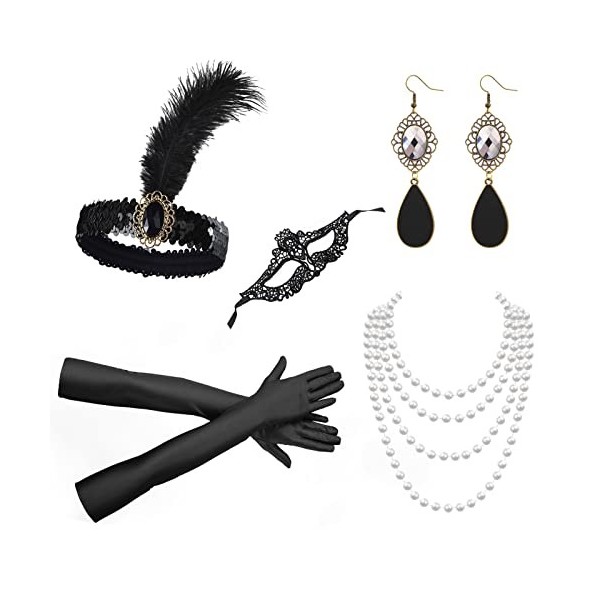 DKDDSSS 5 Pièces Accessoire Années 1920, Accessoires Gatsby Costume Set Femme, Accessoire Annee 20, Inclure Long Gants,Bandea