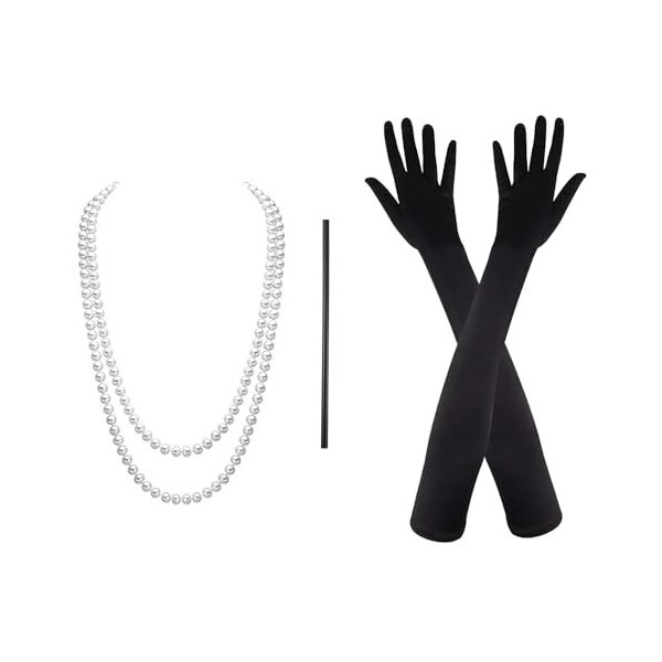 VIKSAUN 3 Pièces 1920 Accessories, Charleston Accessoires Collier, Gants, collier de perles, gants en satin Noir, pour Femmes