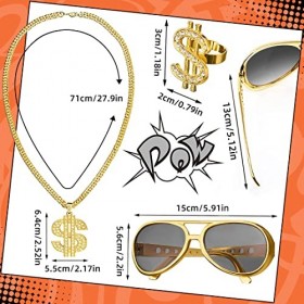 FUKPO Kit de Chaîne de Dollar Bague Lunettes Soleil Dor, 80s 90s Accessoires de Rappeur Déguisement Hip Hop Homme Femme, Cos