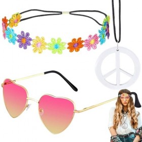 WiDream Set dAccessoires De Costume Hippie, Deguisement Hippie Femme, Accessoire Hippie, Lunettes Rondes Rétro Hippie Vintag