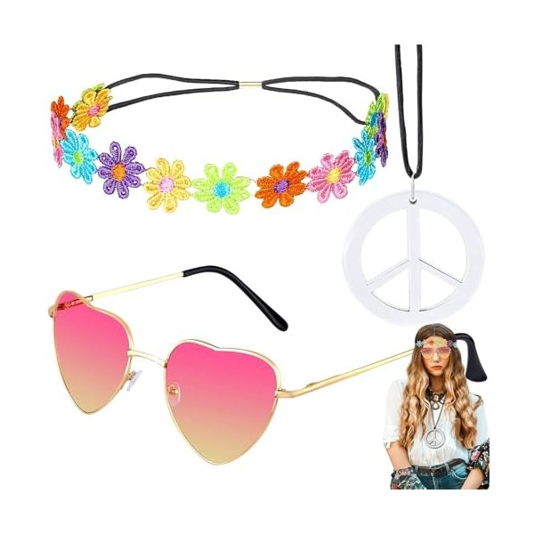 WiDream Set dAccessoires De Costume Hippie, Deguisement Hippie Femme, Accessoire Hippie, Lunettes Rondes Rétro Hippie Vintag