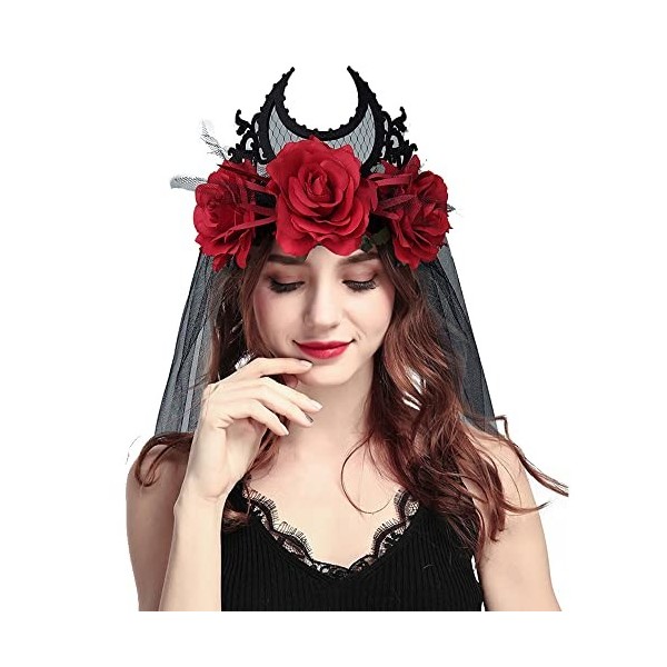 Halloween Hairband Bandeau Mariée Voile Couronne de Fleurs Rose Serre-tête avec Voile Bandeau tête Mariée Zombie Gothique Acc