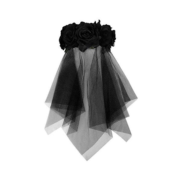 Halloween Hairband Bandeau Mariée Voile Couronne de Fleurs Rose Serre-tête avec Voile Bandeau tête Mariée Zombie Gothique Acc