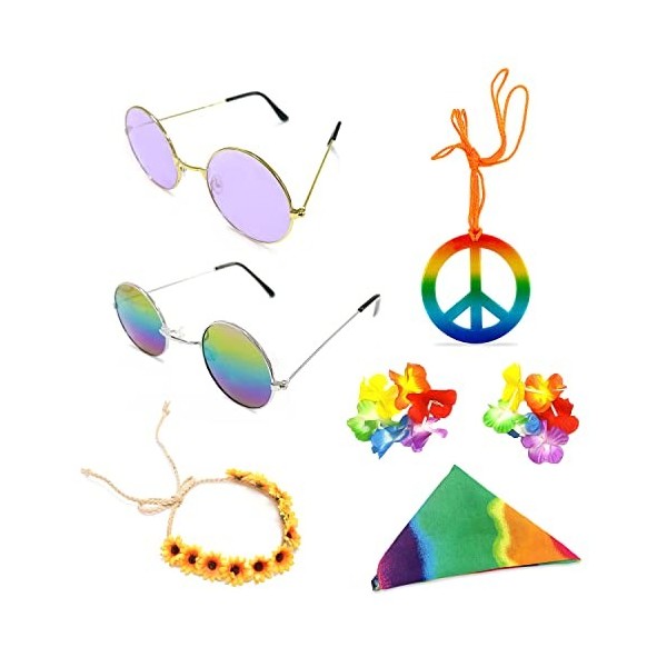 Lot de 7 accessoires hippies pour vêtements, collier de paix, lunettes de soleil, lunettes arc-en-ciel, couronne de chrysanth