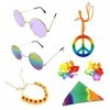 Lot de 7 accessoires hippies pour vêtements, collier de paix, lunettes de soleil, lunettes arc-en-ciel, couronne de chrysanth