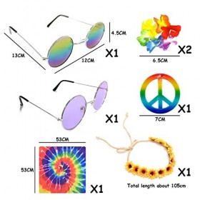 Lot de 7 accessoires hippies pour vêtements, collier de paix, lunettes de soleil, lunettes arc-en-ciel, couronne de chrysanth