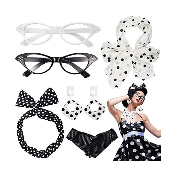 HEAWAA Années 50 Costume Accessoires, 6 PCS Années 50 Costume Sets pour Femmes avec Gants en Élasthanne Dot Bandana Bandeau 2