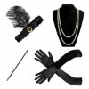 4 Pièces Années 1920 Flapper Great Gatsby Accessoires Set Mode Roaring 20s Theme Set avec Bandeau Bandeau Long Gants Noirs C