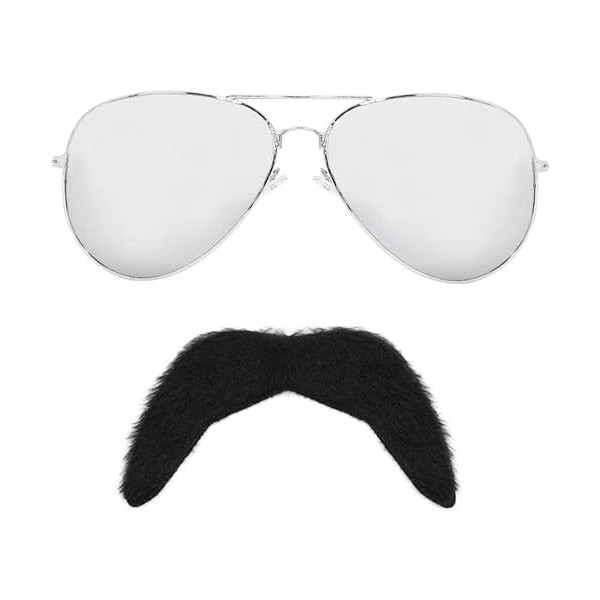 Accessoires de déguisement rockstar des années 80 pour adultes – Lunettes de soleil miroir + moustache noire – Accessoires de