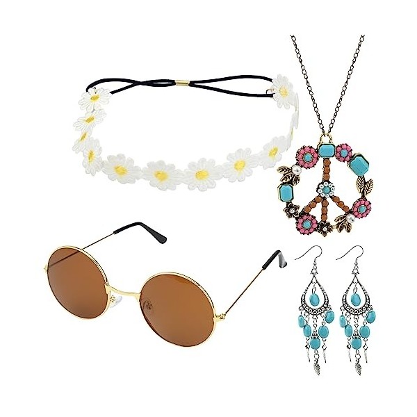 Hileyu Set daccessoires hippies 4Pcs 70s Fancy Dress Women Lunettes Hippie Vintage Couronne Fleurie Bandeau Collier Signe Pa