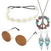 Hileyu Set daccessoires hippies 4Pcs 70s Fancy Dress Women Lunettes Hippie Vintage Couronne Fleurie Bandeau Collier Signe Pa