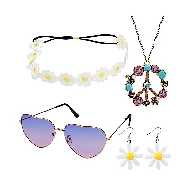 Hileyu Set daccessoires hippies 4Pcs 70s Fancy Dress Women Lunettes Hippie Vintage Couronne Fleurie Bandeau Collier Signe Pa