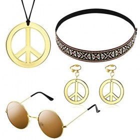 5 Pièces Ensemble de Costume Hippie, Accessoires Hippie Chic, Lunettes de Hippie, Collier Signe de la Paix et Boucle dOreill